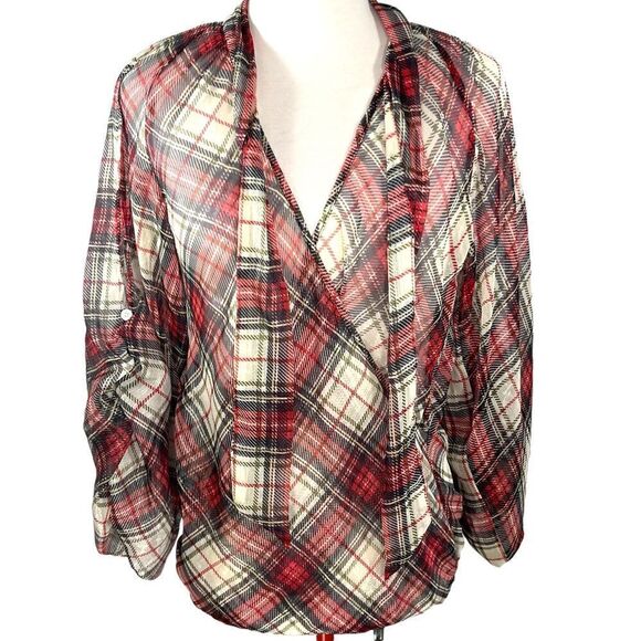 Tristan Sheer Red Black Green Gold and Grey Plaid Wrap FrontTie Blouse Size XS - Picture 4 of 13